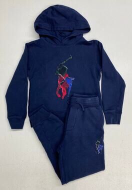 Youth Boys Polo Ralph Lauren Big Pony plaid fleece 2-piece hoodie pants set, S